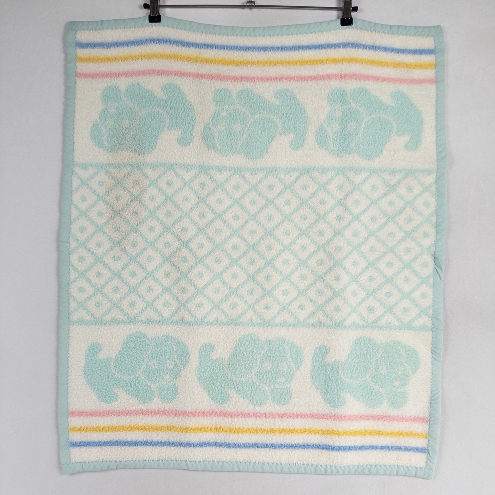 Vintage Biederlack Baby Blanket Multicolor Pastel Puppies Geometric Striped *
